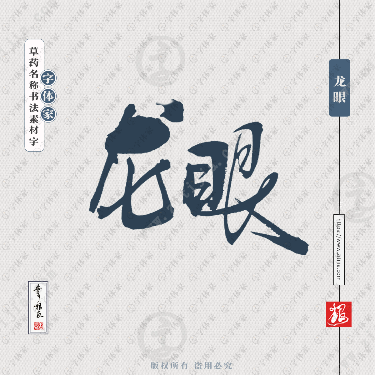 字体家提供叶根友原创正版草药名称龙眼书法素材字下载 龙眼,中药材名