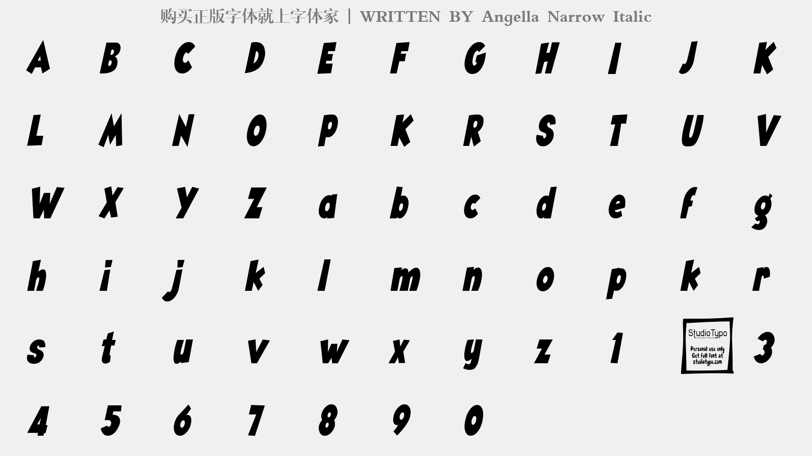 Angella Narrow Italic - 大写字母/小写字母/数字