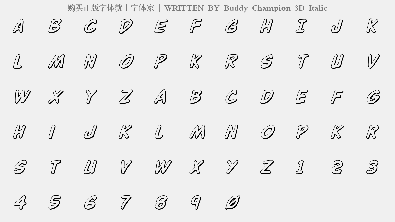 Buddy Champion 3D Italic - 大写字母/小写字母/数字