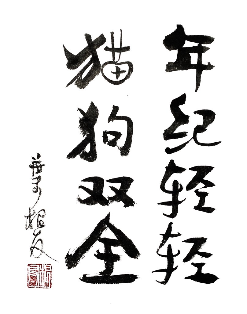 年纪轻轻猫狗双全毛笔书法作品